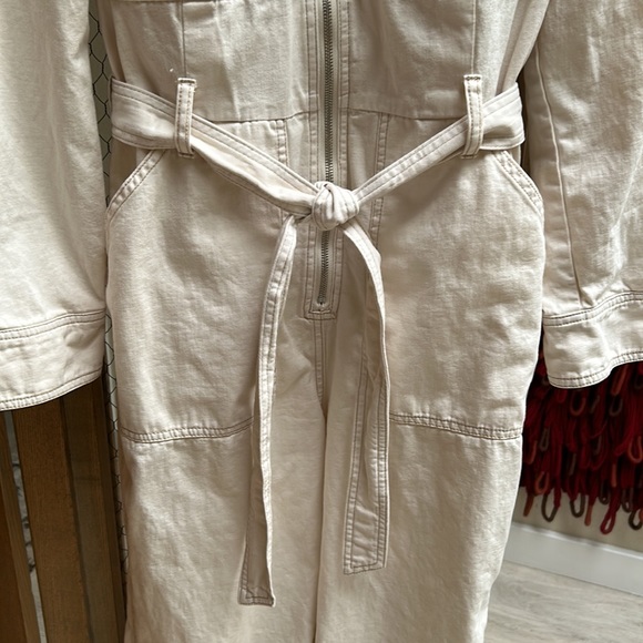 Free People Cream Zip Front Long Sleeve Denim Coveralls Jumpsuit - Picture 7 of 15